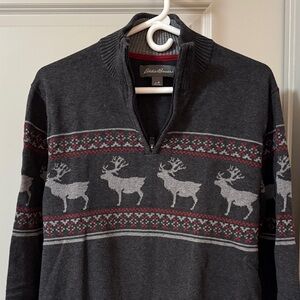 Eddie Bauer Men's Charcoal quarter Zip Sweater with winter Design